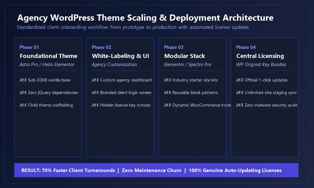 Best agency WP themes for scaling client projects Agency WordPress theme scaling, white-labeling and multi-site client deployment architecture diagram