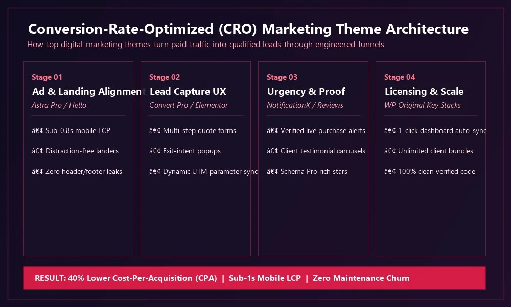 Best digital marketing WordPress themes for conversion-ready websites Conversion rate optimized marketing theme funnel architecture diagram: ad alignment, lead capture, social proof and licensing