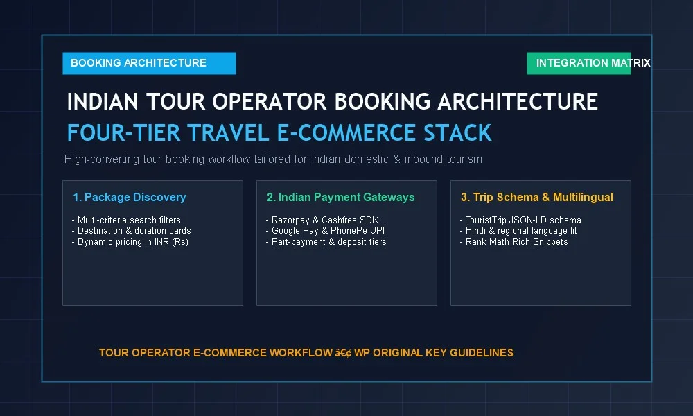 Best WordPress travel agency themes for Indian tour operators with booking and payment WordPress travel agency booking engine and Indian payment gateway architecture flowchart